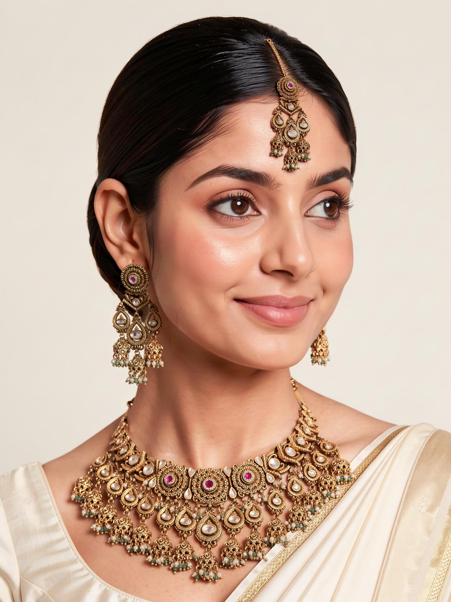 Avantika Antique Gold Necklace Set, Gold - Outbox House