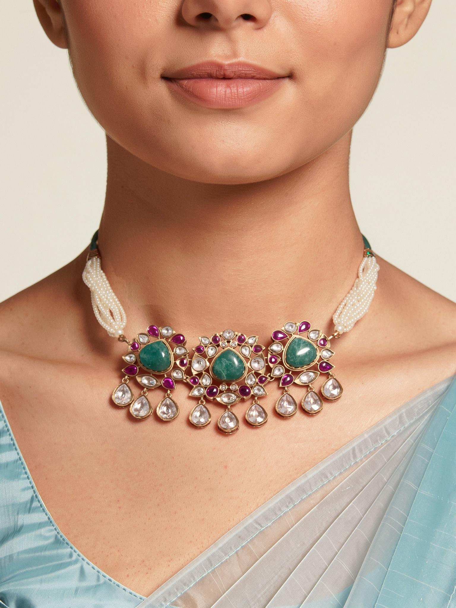 Sanjh Moissanite Choker Set, Emerald Green - Outbox House