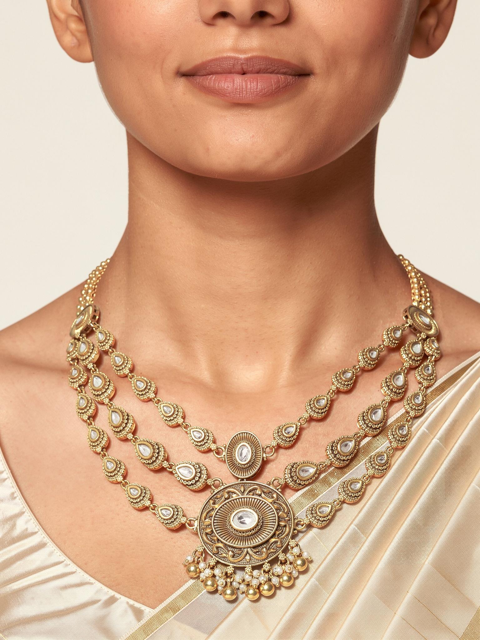 Zohra Antique Gold Bridal Layered Necklace Set - Outbox House