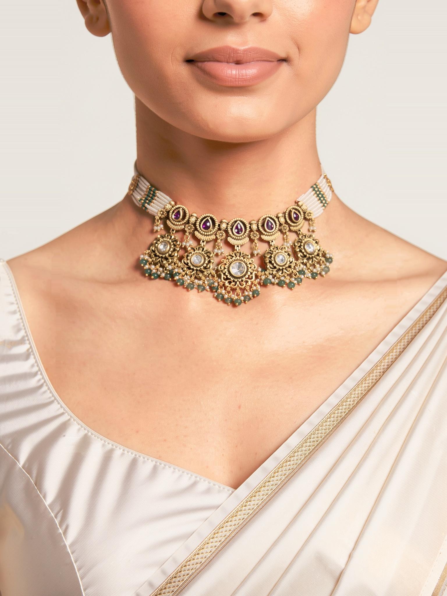 Zeenat Pearl Antique Gold Choker Set, Gold - Outbox House