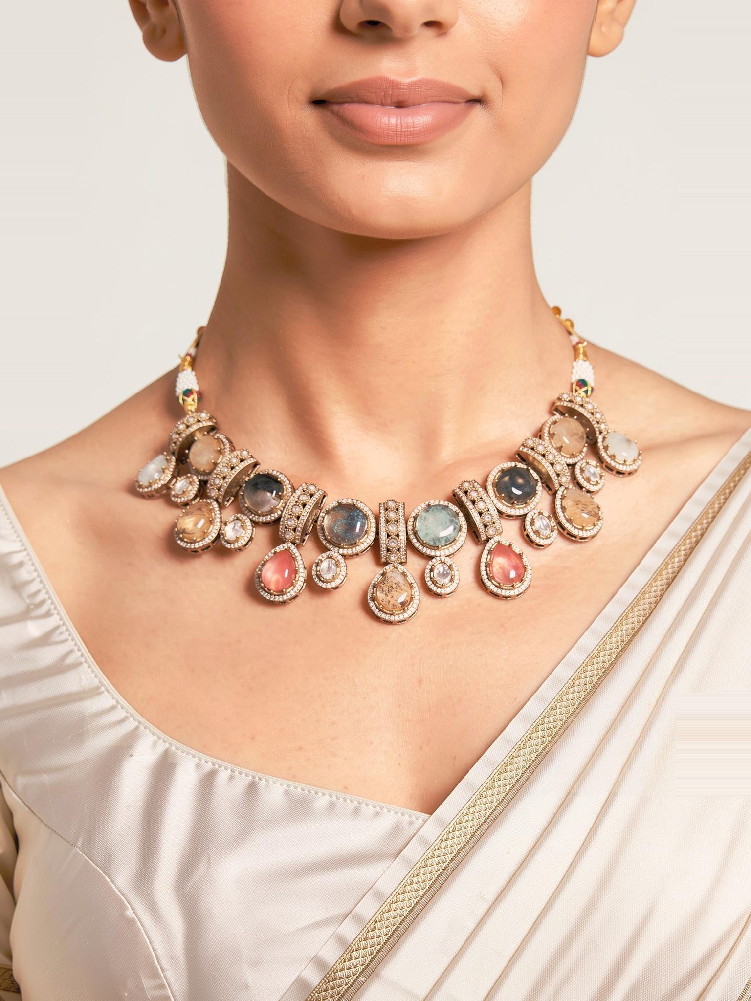Sachi Antique Gold Necklace Set, Multicolour - Outbox House