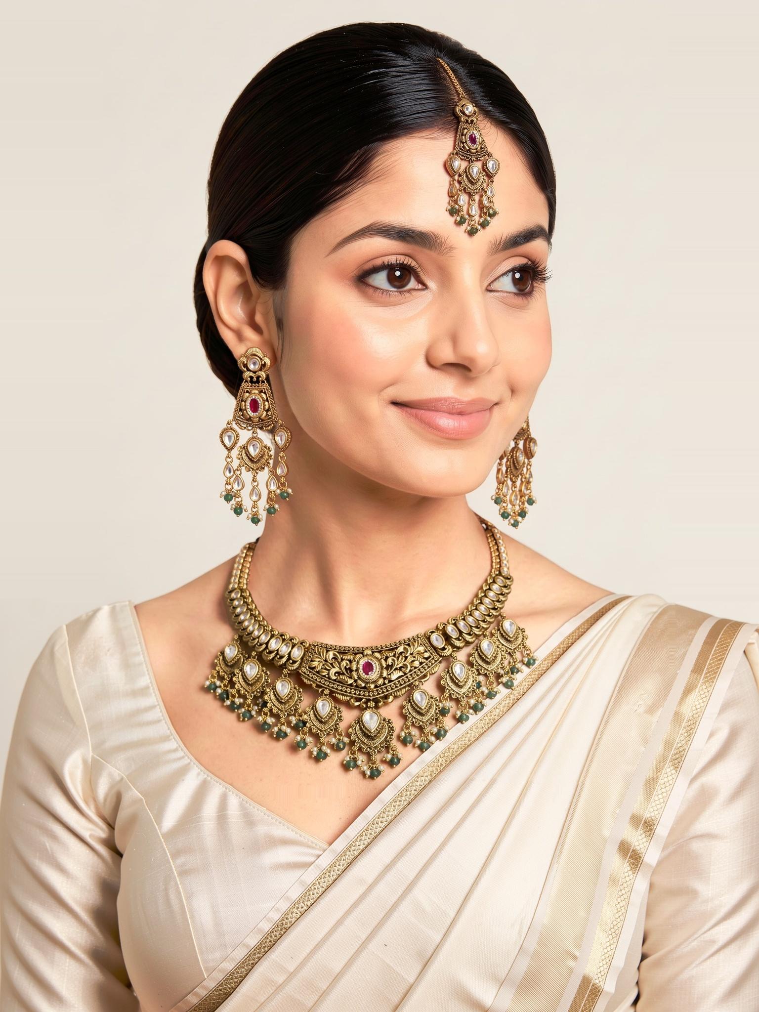 Zarah Antique Gold Choker Set, Gold - Outbox House