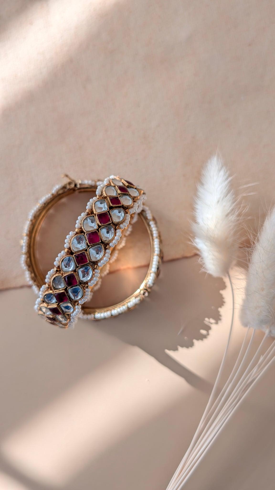 Siya Kundan Bangle with Pearls, Ruby Red - Outbox House