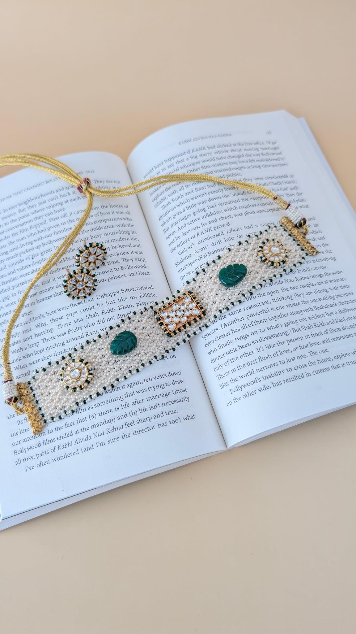 Malti Kundan Pearl Choker Set, Emerald Green - Outbox House