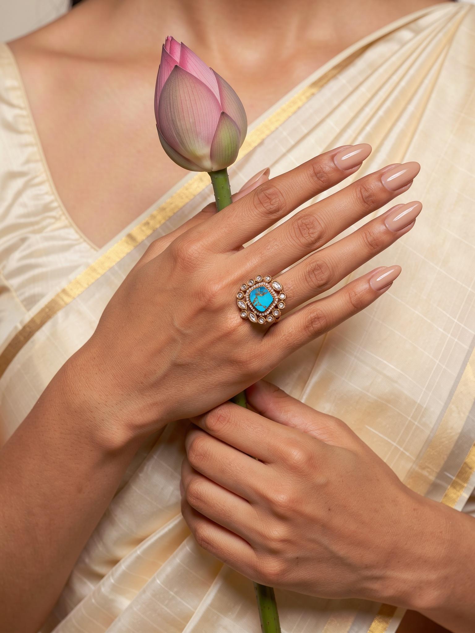 Inaaya Kundan Cocktail Ring, Turquoise Blue - Outbox House