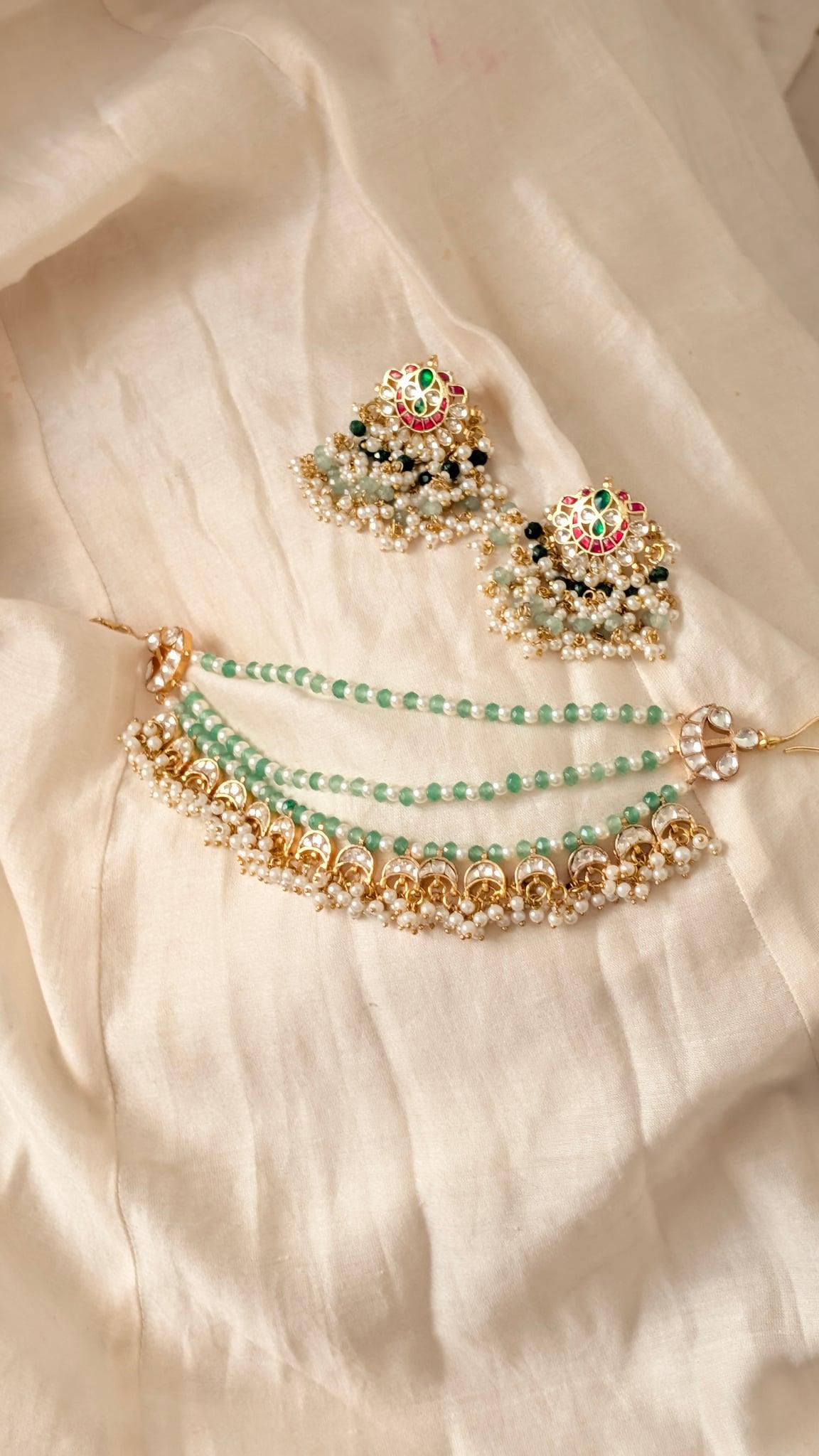 Mannat Kundan Pearl Ear Chain (Sahare), Sage Green - Outbox House