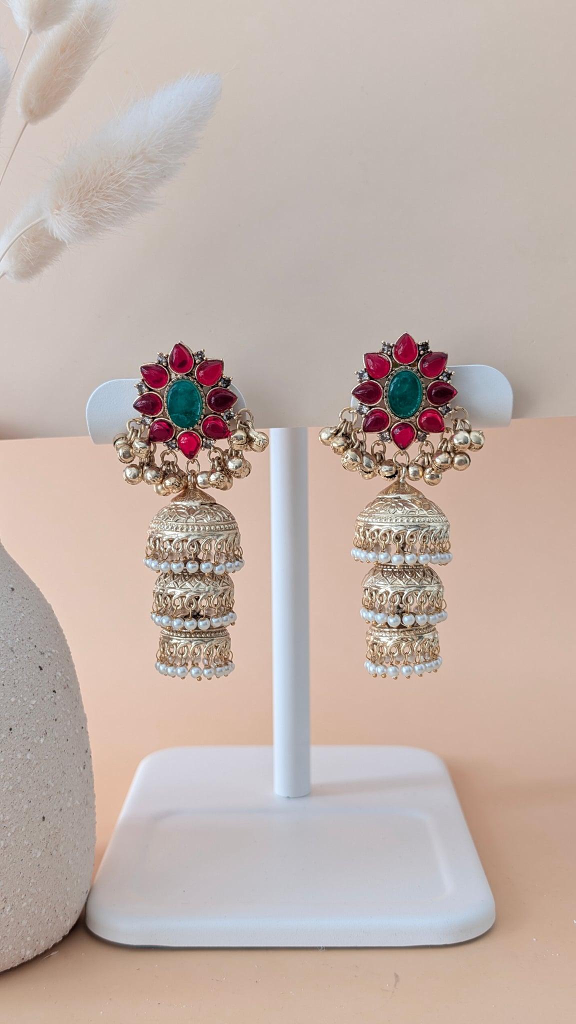 Arsh Antique Gold Jhumka Earrings, Ruby Red - Outbox House
