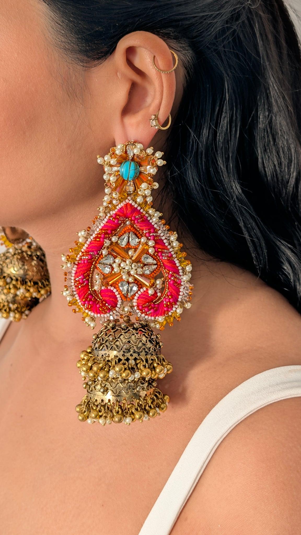 Sufiyana Oxidised Jhumka Earrings, Pink and Orange - Outbox House