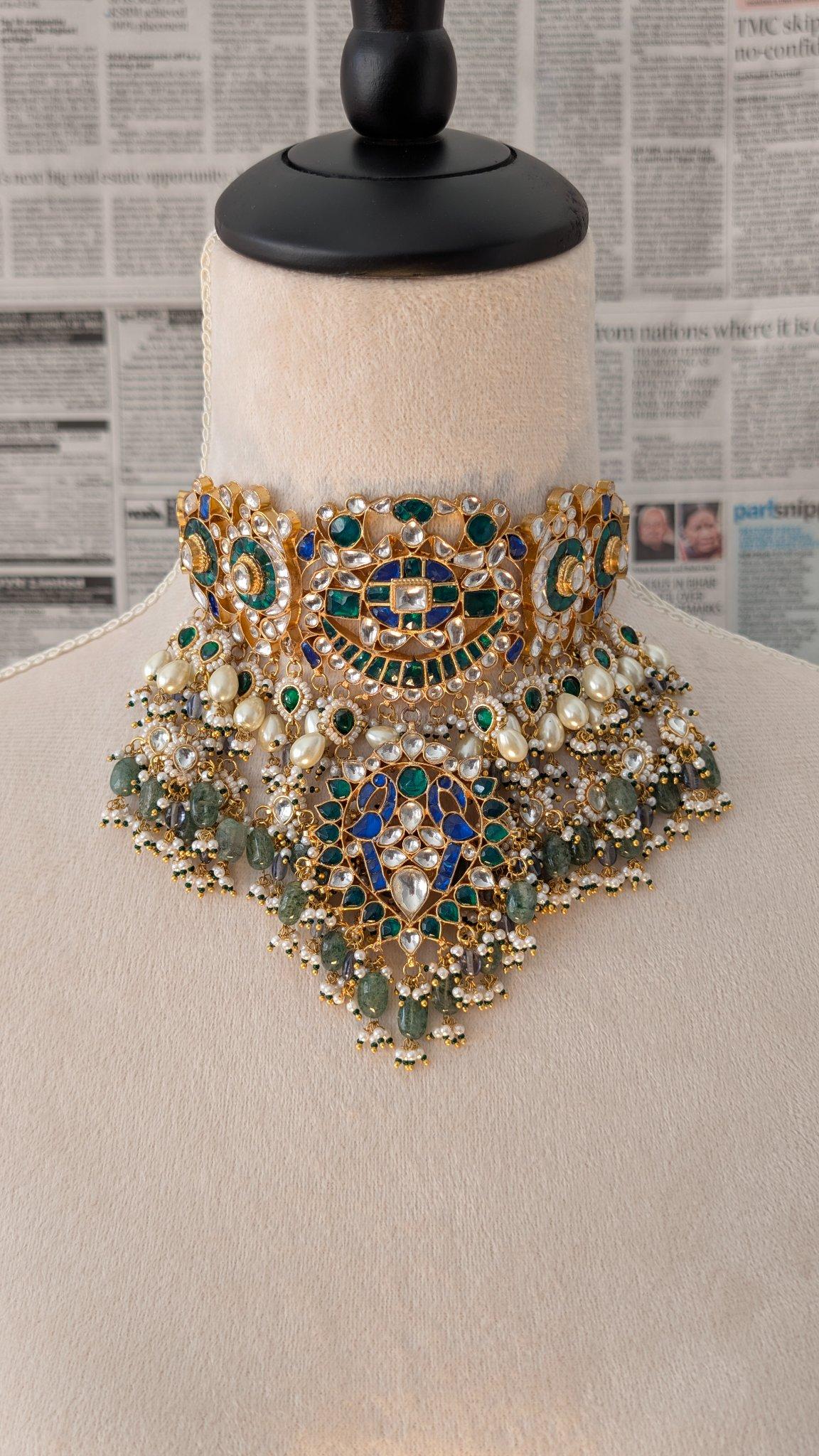 Padmini Kundan Choker Set, Emerald Green and Blue - Outbox House