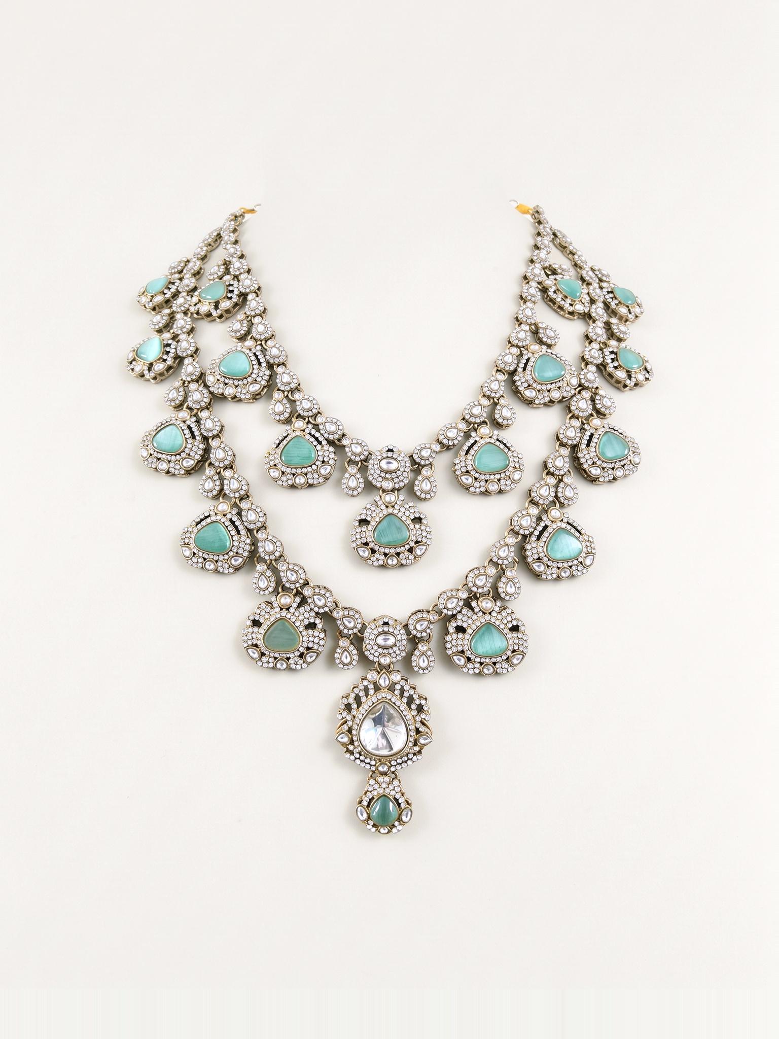 Reyansh Kundan Layered Necklace Set, Mint Green - Outbox House