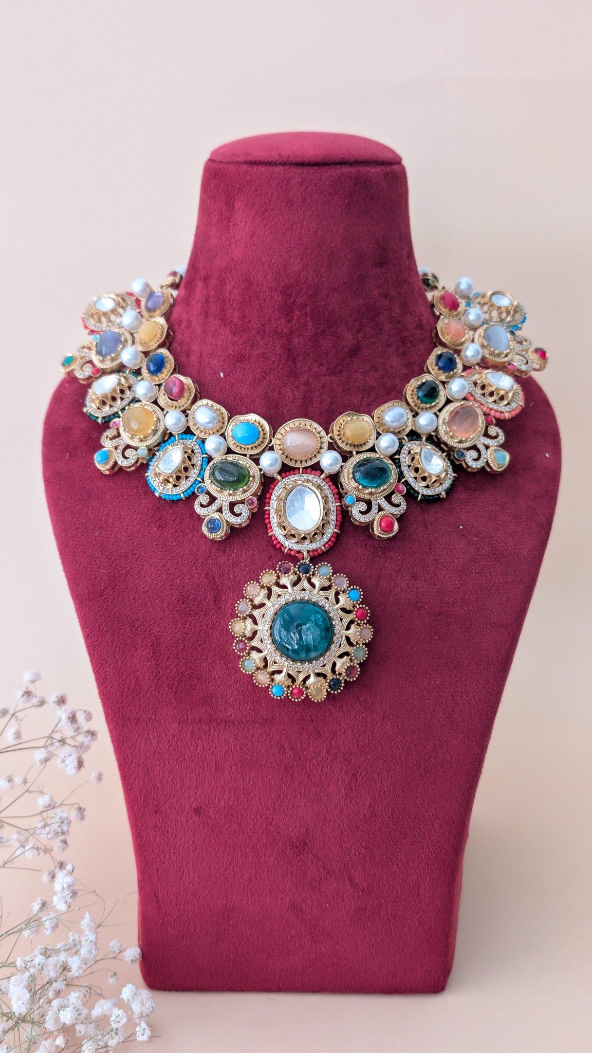 Rajrani Antique Gold Bridal Necklace, Multicolour - Outbox House