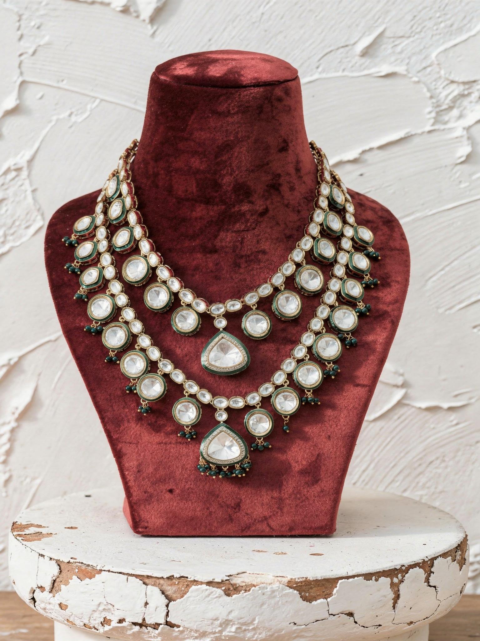 Nurah Kundan Necklace Set, Emerald Green - Outbox House