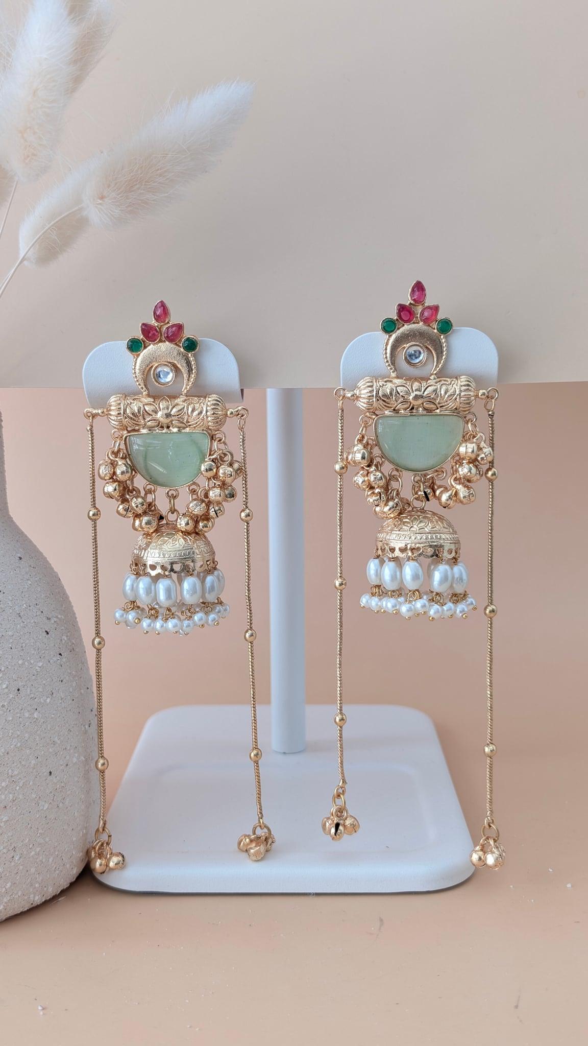 Seher Kundan Pearl Jhumka Earrings, Mint Green, Teal Green - Outbox House