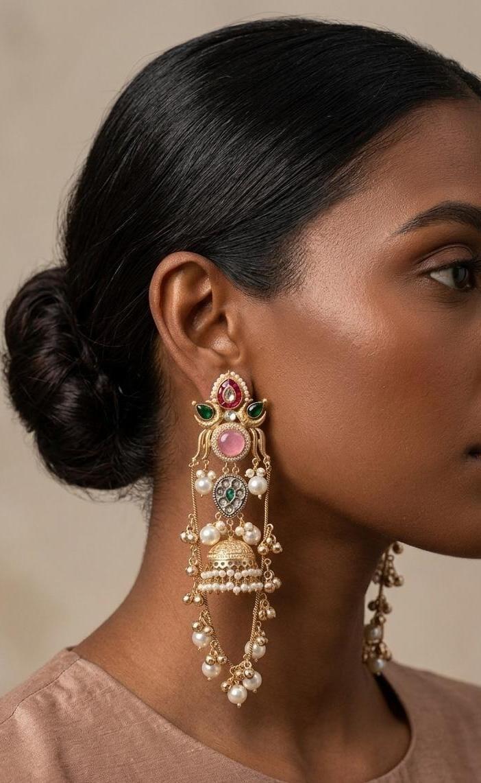 Mukhi Kundan Jhumka Earrings, Pink - Outbox House